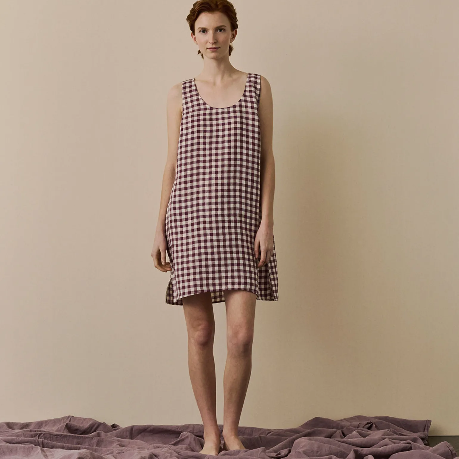 Berry Gingham Linen Night Dress