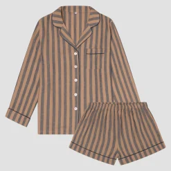 Blue & Porcini Striped Linen Pajama Shorts Set