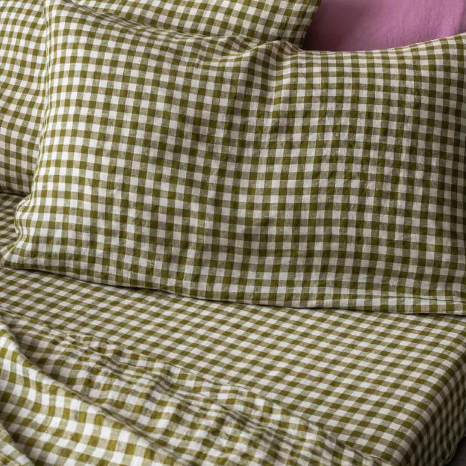 Botanical Green Gingham 100% Linen Pillowcases (Pair)
