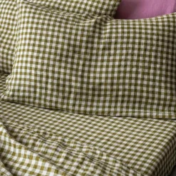 Botanical Green Gingham 100% Linen Fitted Sheet