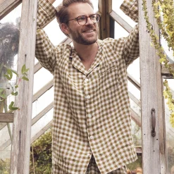 Men's Botanical Green Gingham Linen Pajama Shirt (Top Only)