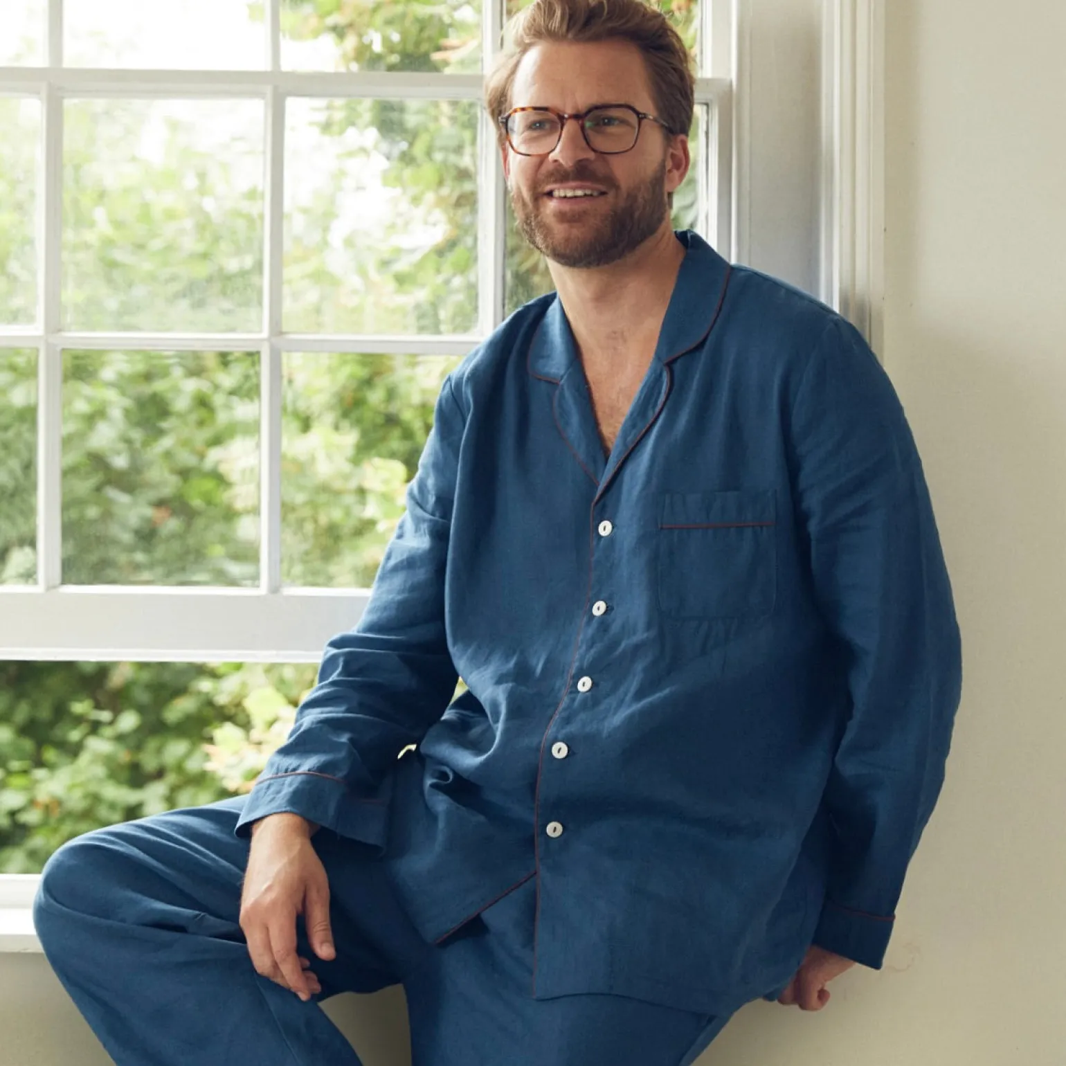 Men's Marine Blue Linen Pajama Set
