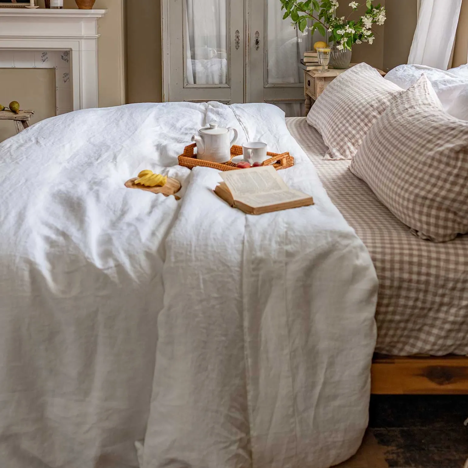 Mushroom Gingham 100% Linen Fitted Sheet