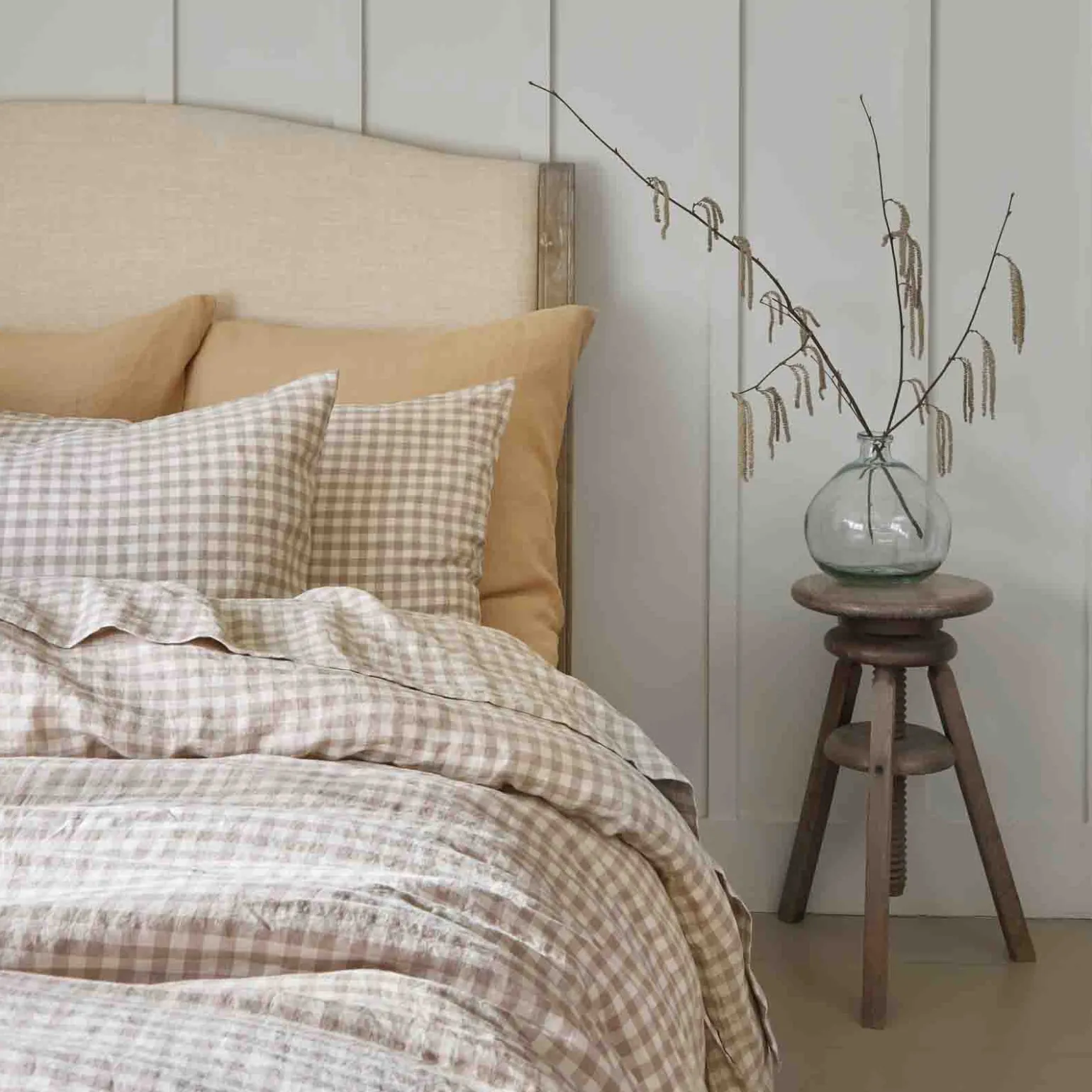 Mushroom Gingham 100% Linen Fitted Sheet