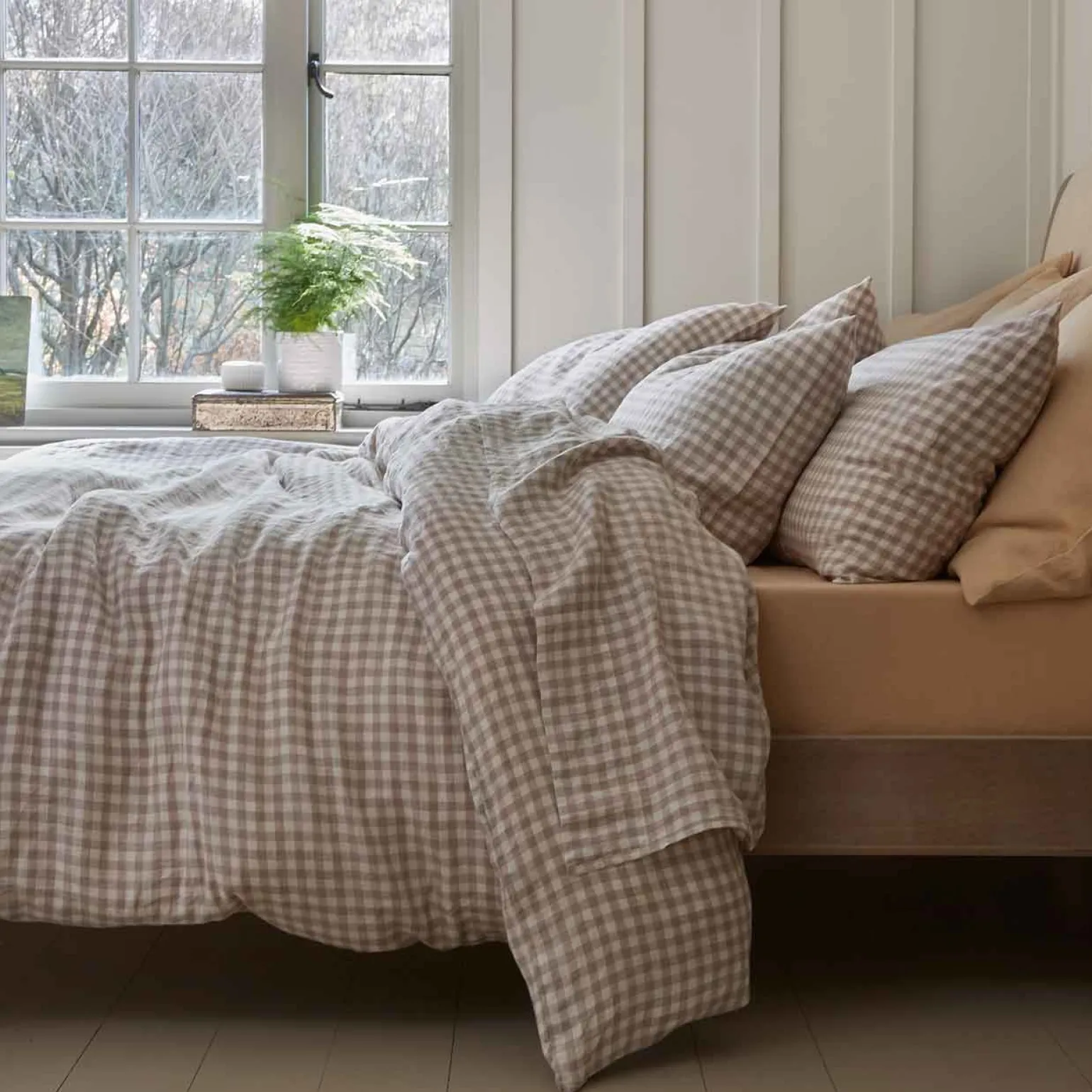 Mushroom Gingham 100% Linen Pillowcases (Pair)