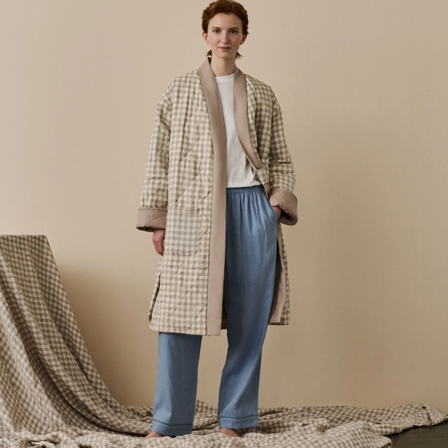 Mushroom Gingham Linen Housecoat