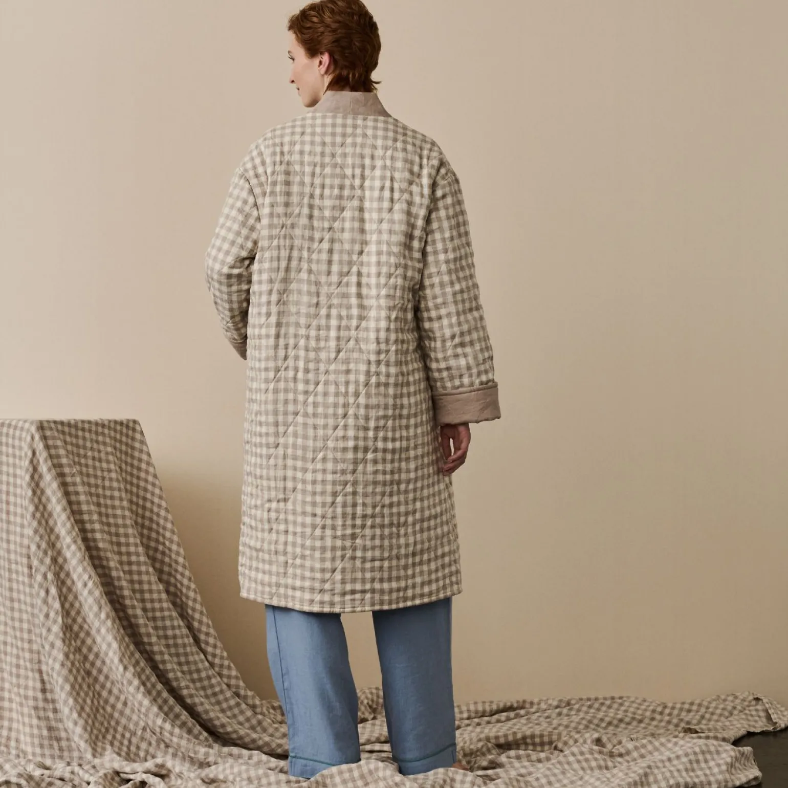 Mushroom Gingham Linen Housecoat