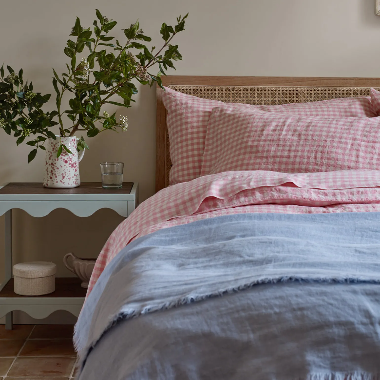 Pink Bloom Gingham 100% Linen Pillowcases (Pair)