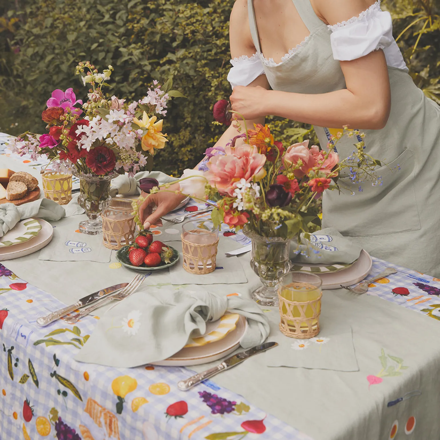 Sage Green Embroidered Linen Table Runner